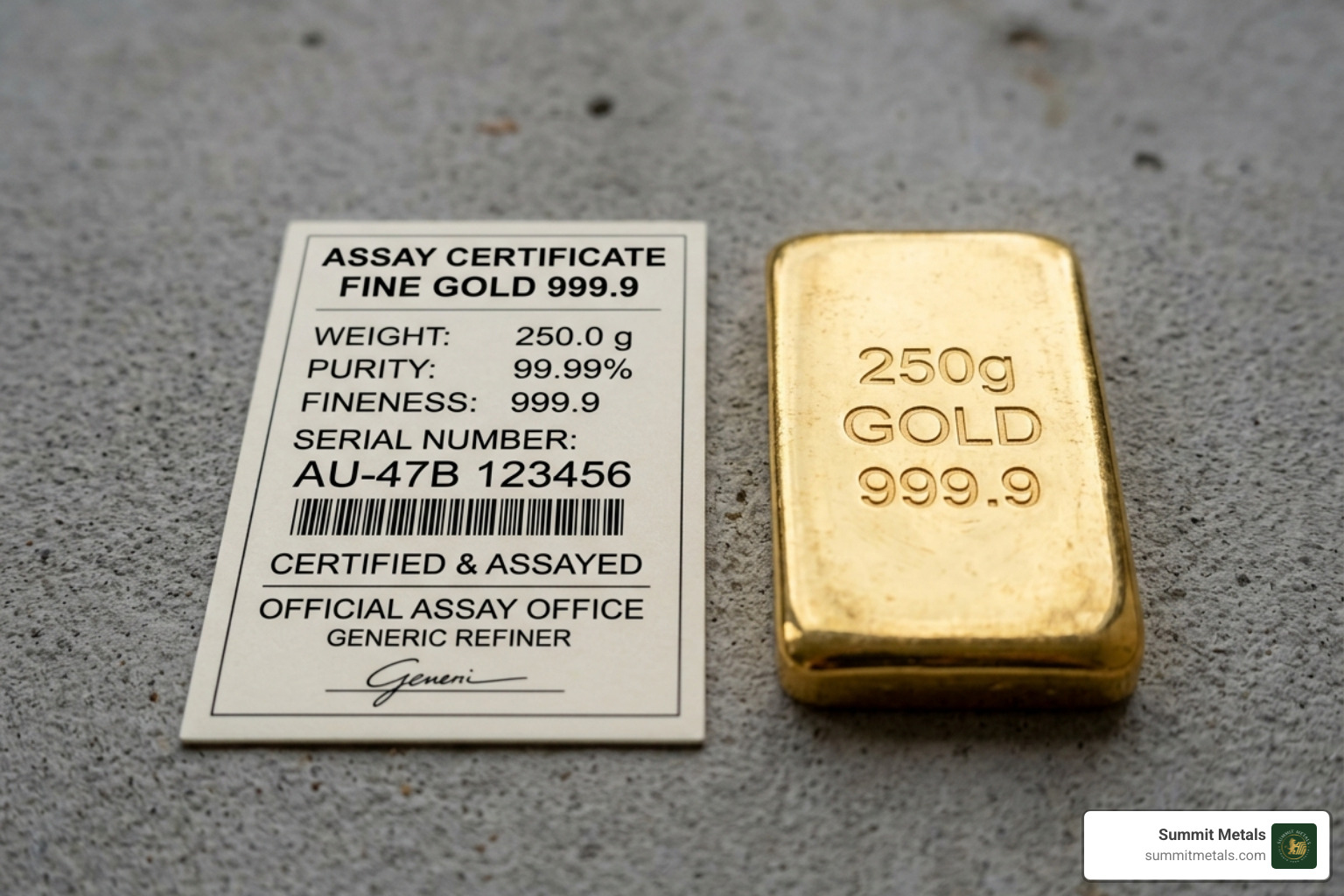 250 gram gold bar with an assay card showing serial number and purity details - 250 gram gold bars