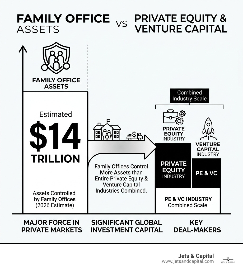 Family office assets vs private equity and venture capital industry comparison infographic - family office summit
