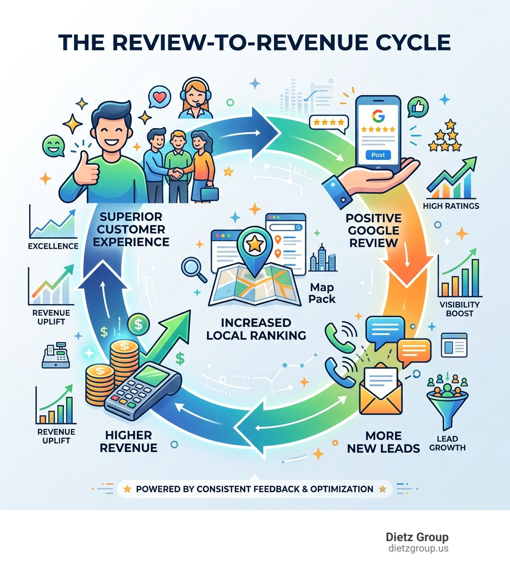 Review-to-revenue cycle infographic showing steps from customer experience to Google review to local ranking to new leads