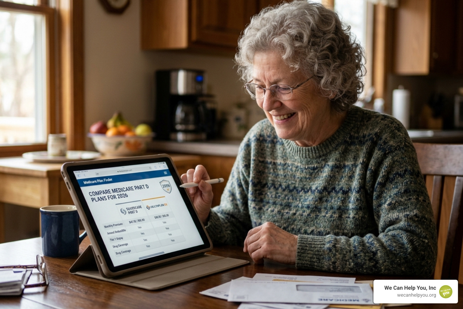 Senior using a digital tablet to compare 2026 Medicare Part D plan premiums and benefits - Medicare Part D premiums 2026