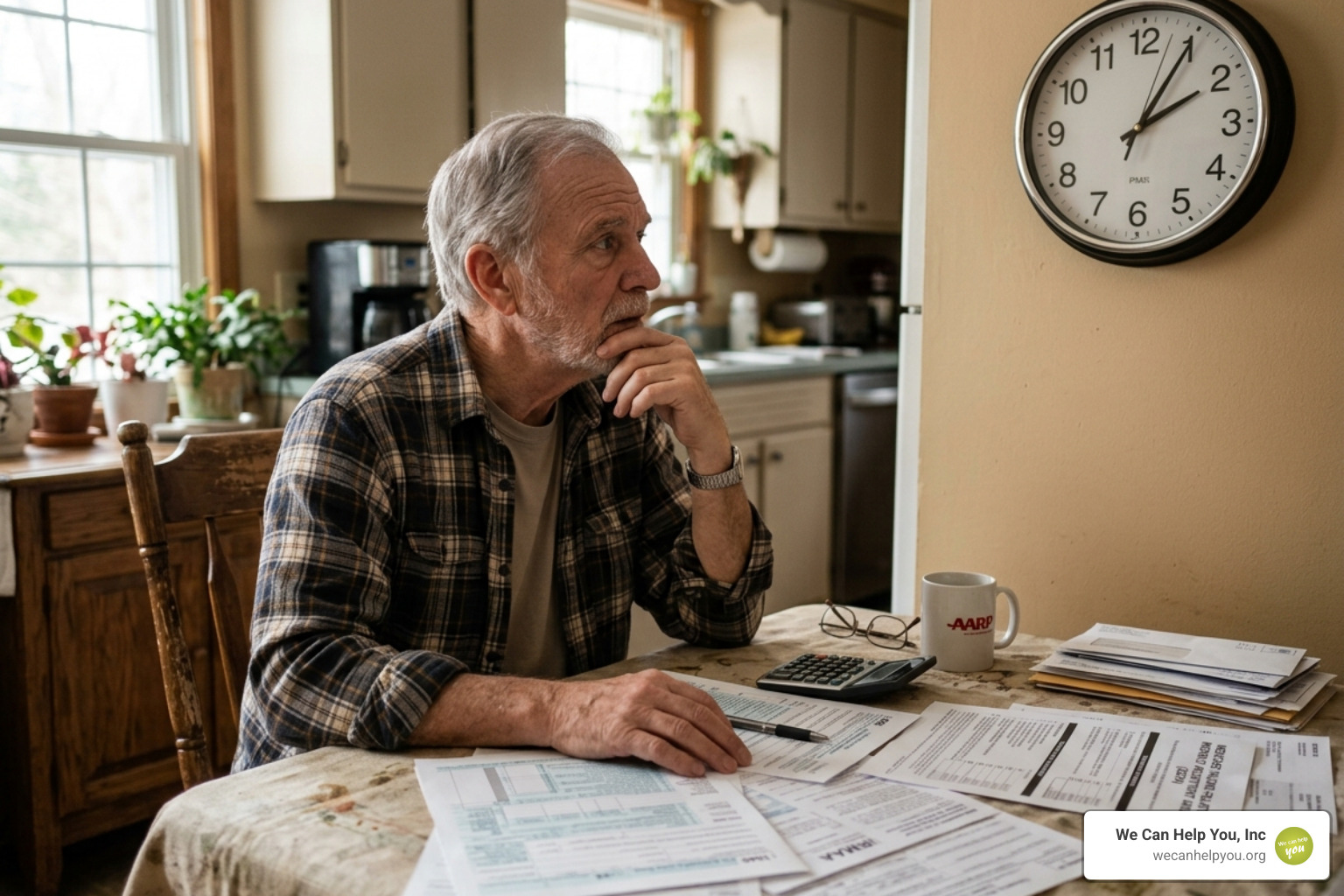 A senior looking at a clock and tax forms, representing the 2026 Medicare enrollment deadlines and IRMAA income checks