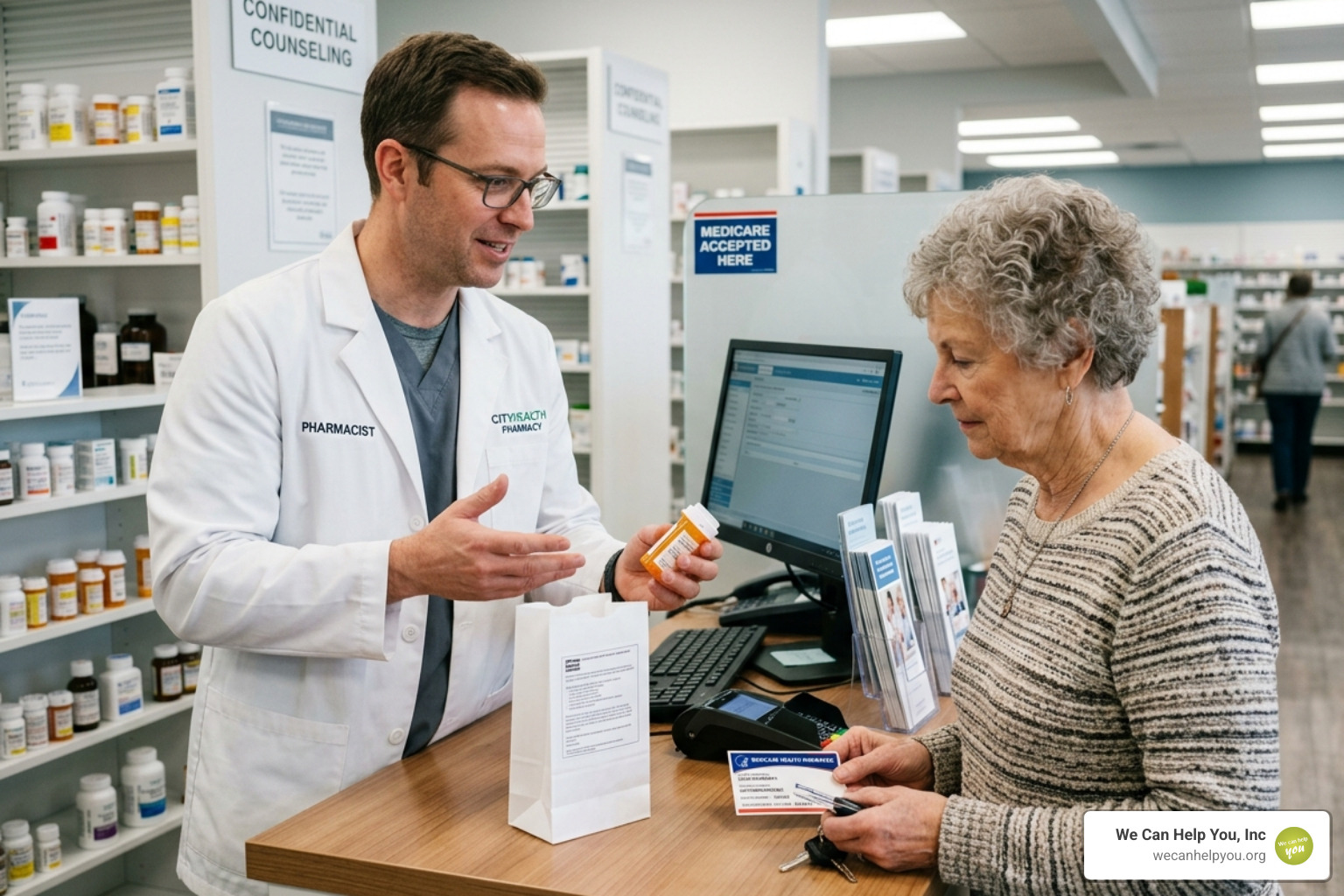 Pharmacist dispensing a high-cost specialty medication to a Medicare beneficiary - Medicare Part D premiums 2026