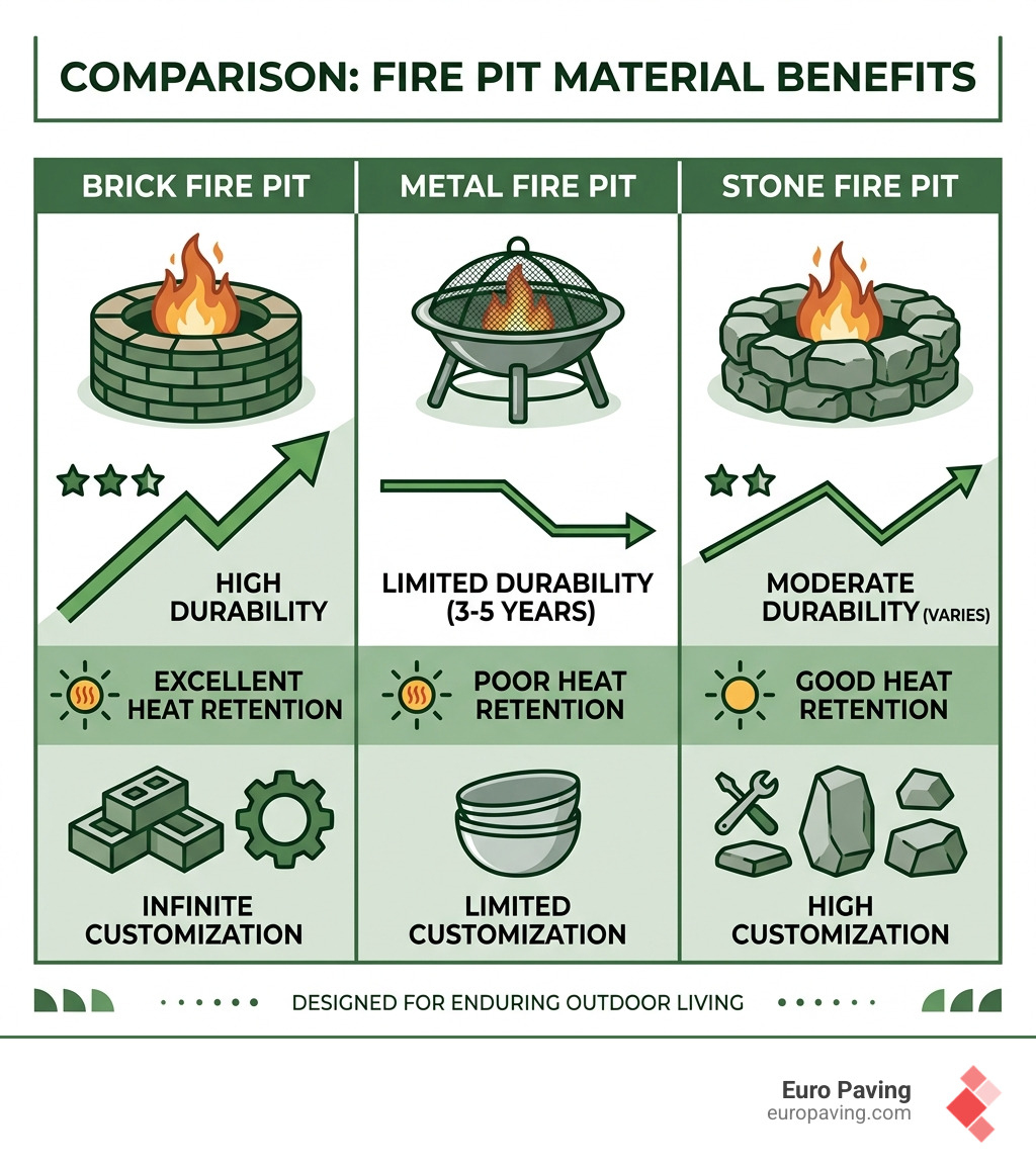 Comparison of brick vs. metal and stone fire pit benefits - brick fire pits infographic 