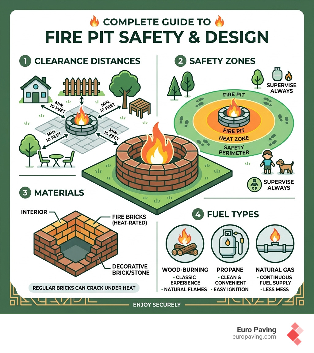 Fire pit safety zones, clearance distances, materials, and fuel types infographic - brick fire pits infographic 