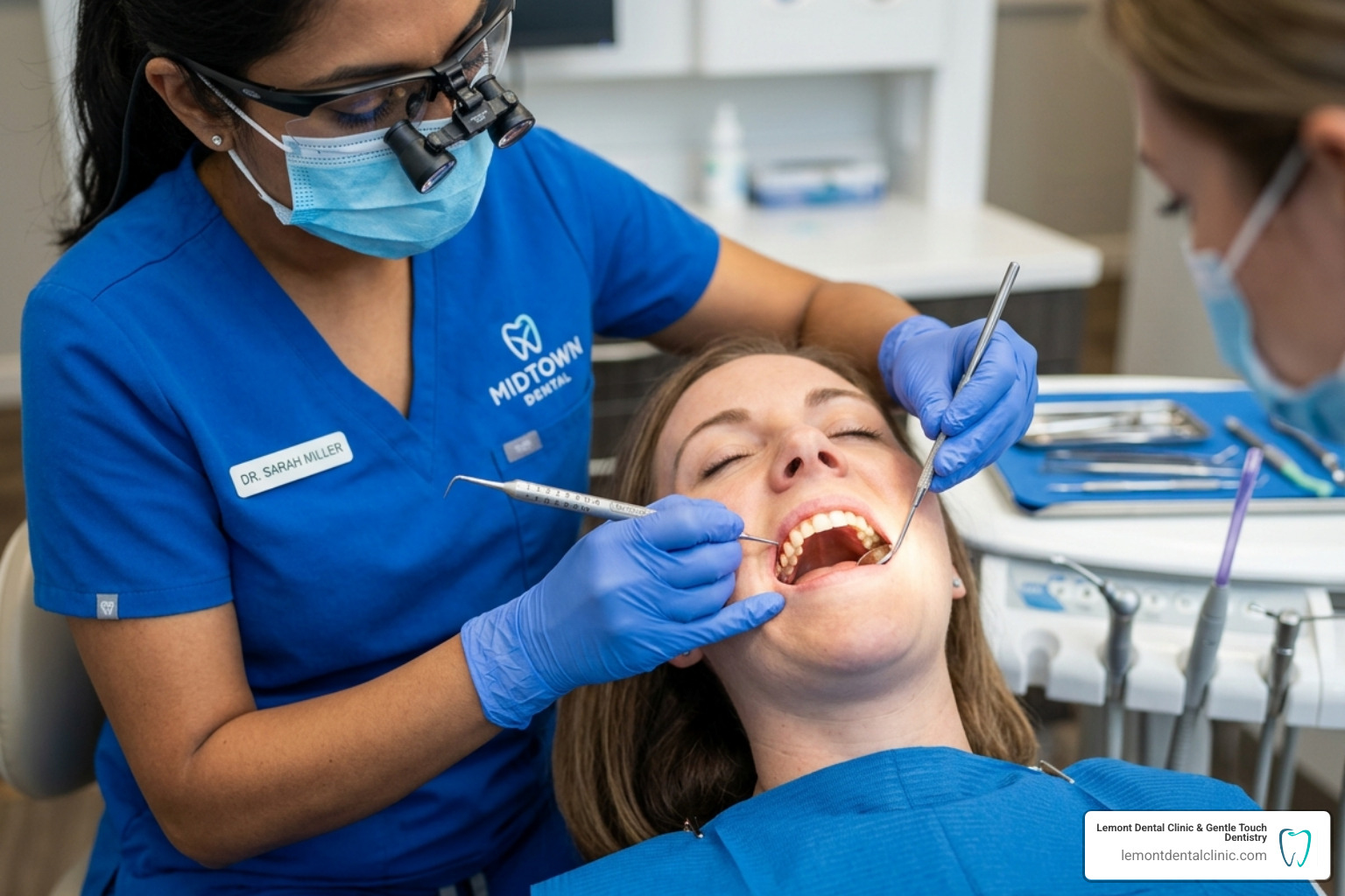 Dentist performing periodontal probing to measure pocket depth - gum disease treatment cost