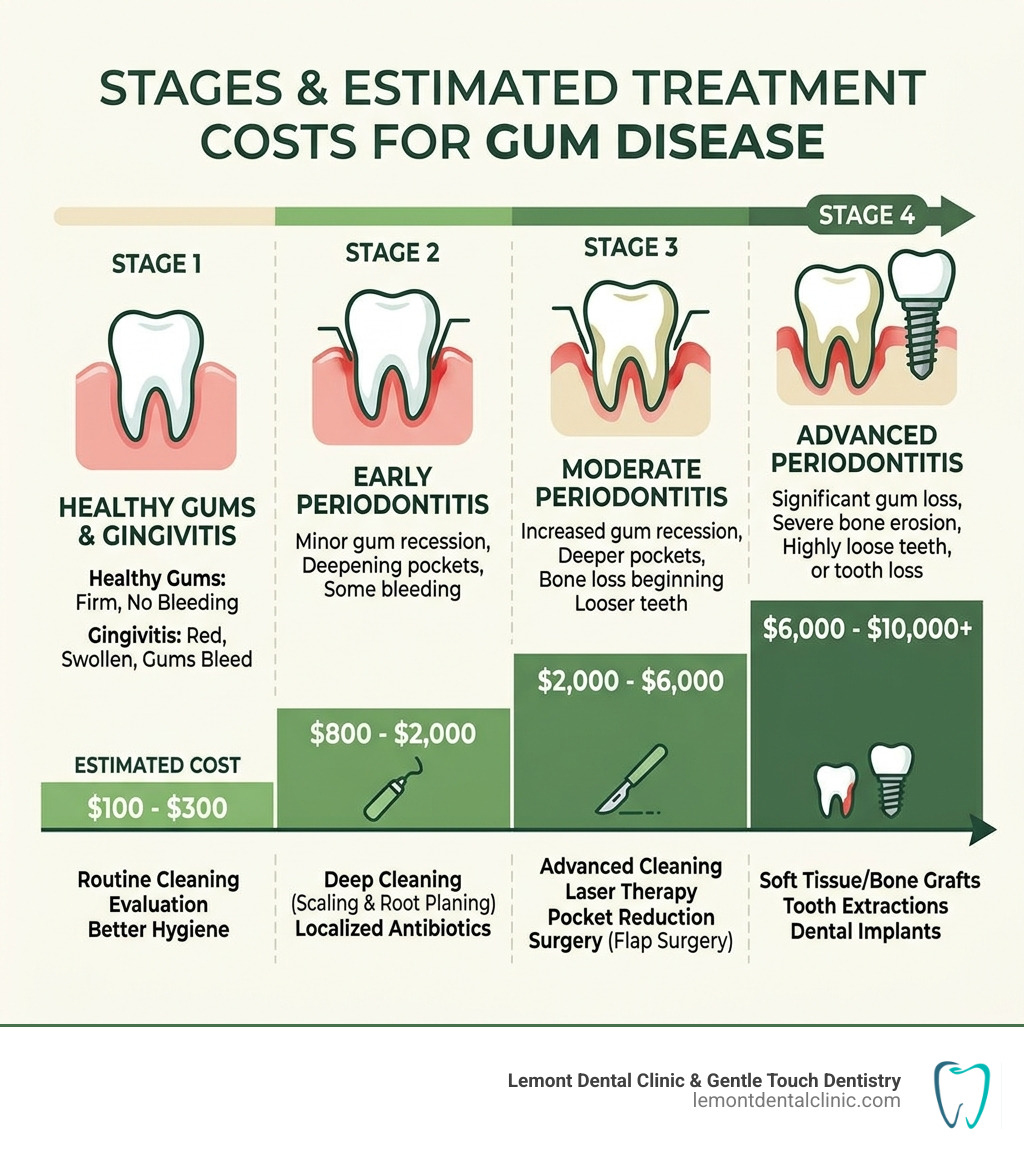 Infographic showing gum disease stages and estimated treatment costs from cleaning to implants - gum disease treatment cost