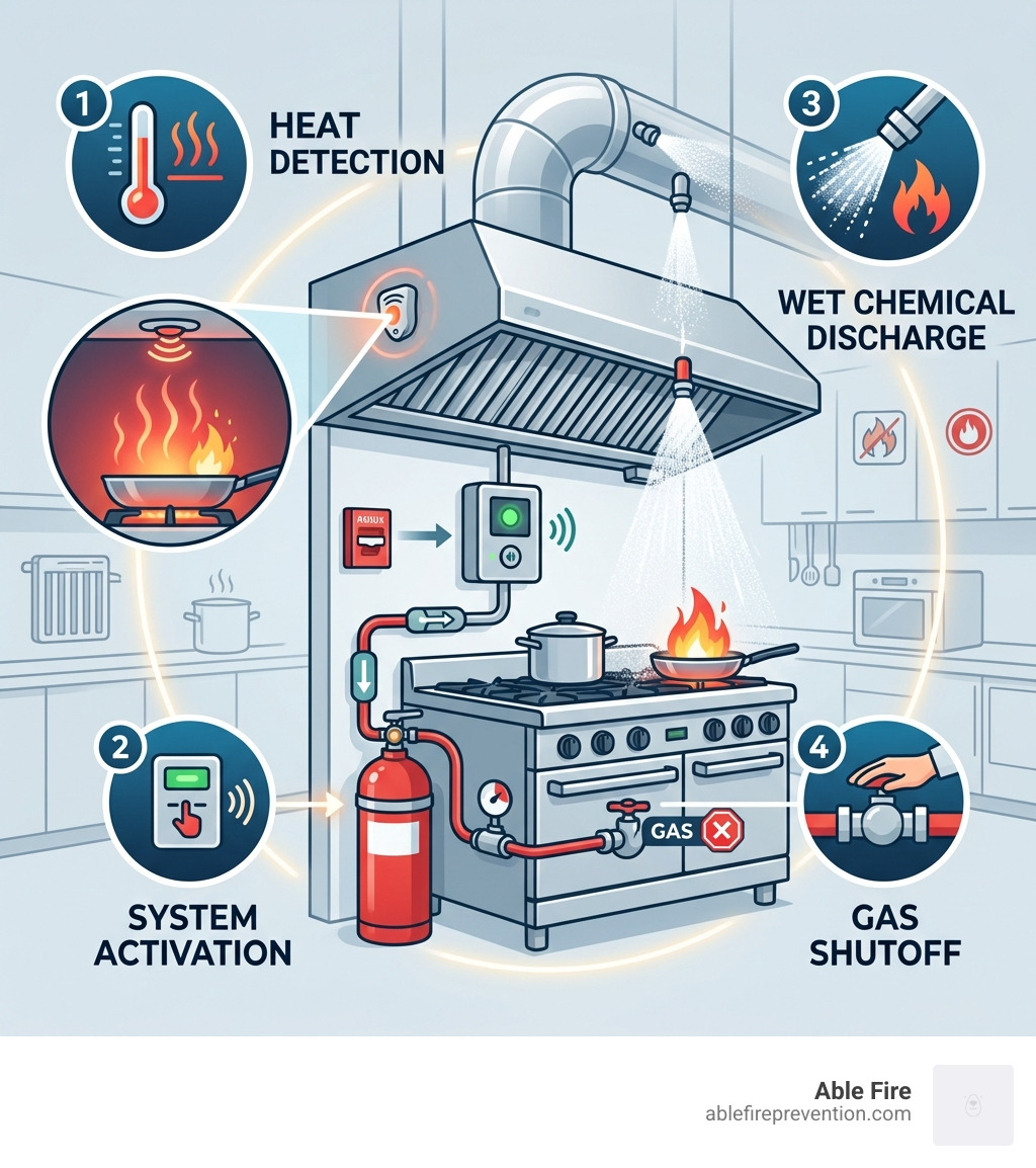 4-stage kitchen hood suppression process from heat detection to wet chemical discharge and gas shutoff - exhaust hood with