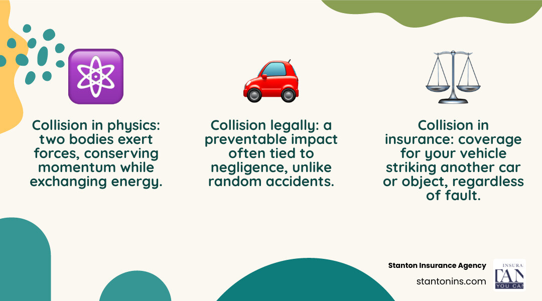 Infographic showing the three pillars of collision: Physics, Insurance, and Linguistics with key definitions for each - what