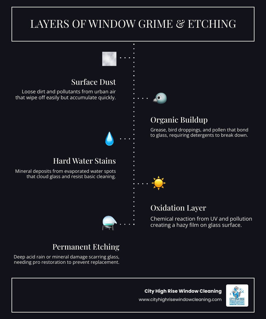 Infographic showing layers of window grime, mineral etching stages, and professional cleaning solutions for high-rise Infographic showing layers of window grime, mineral etching stages, and professional cleaning solutions for high-rise
