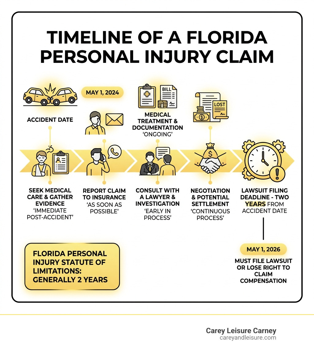 Timeline infographic of a Florida personal injury claim from accident date to lawsuit filing deadline - Statute of