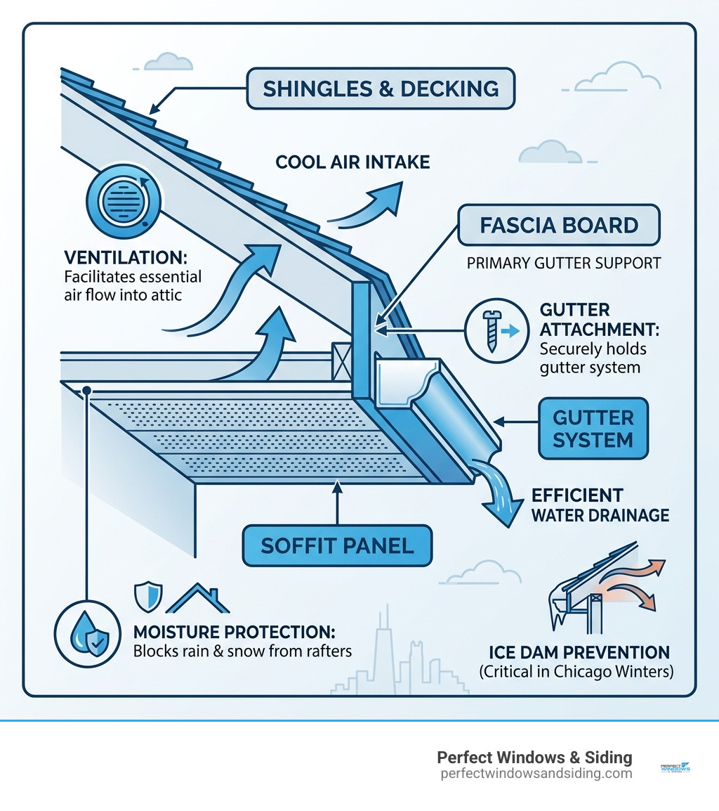 Infographic showing anatomy of soffit and fascia system with labels for ventilation, gutter attachment, and moisture Infographic showing anatomy of soffit and fascia system with labels for ventilation, gutter attachment, and moisture