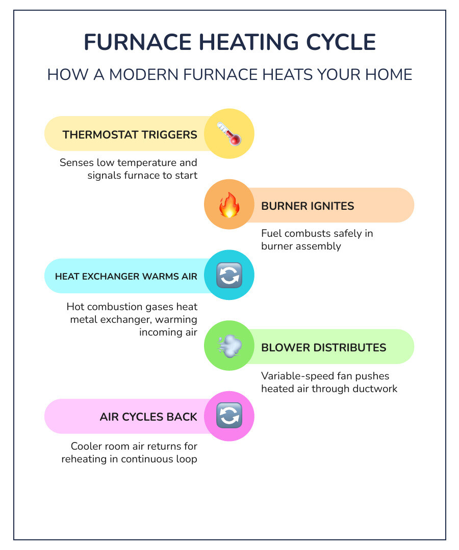 Infographic showing the furnace heating cycle: thermostat triggers burner, fuel ignites, heat exchanger warms air, blower