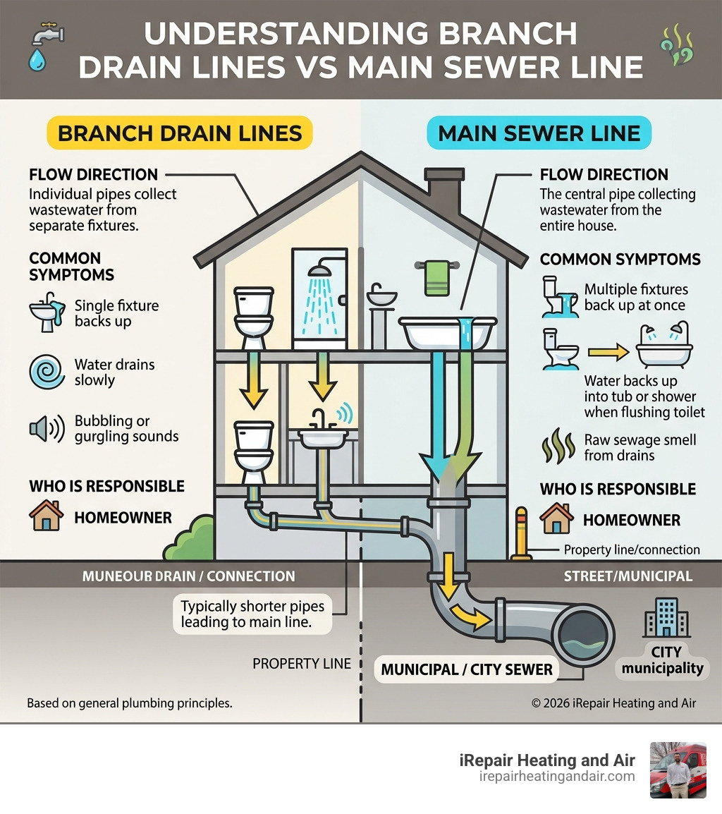 branch drain lines vs main sewer line with flow direction, symptoms, and who is responsible - blocked drain line infographic 