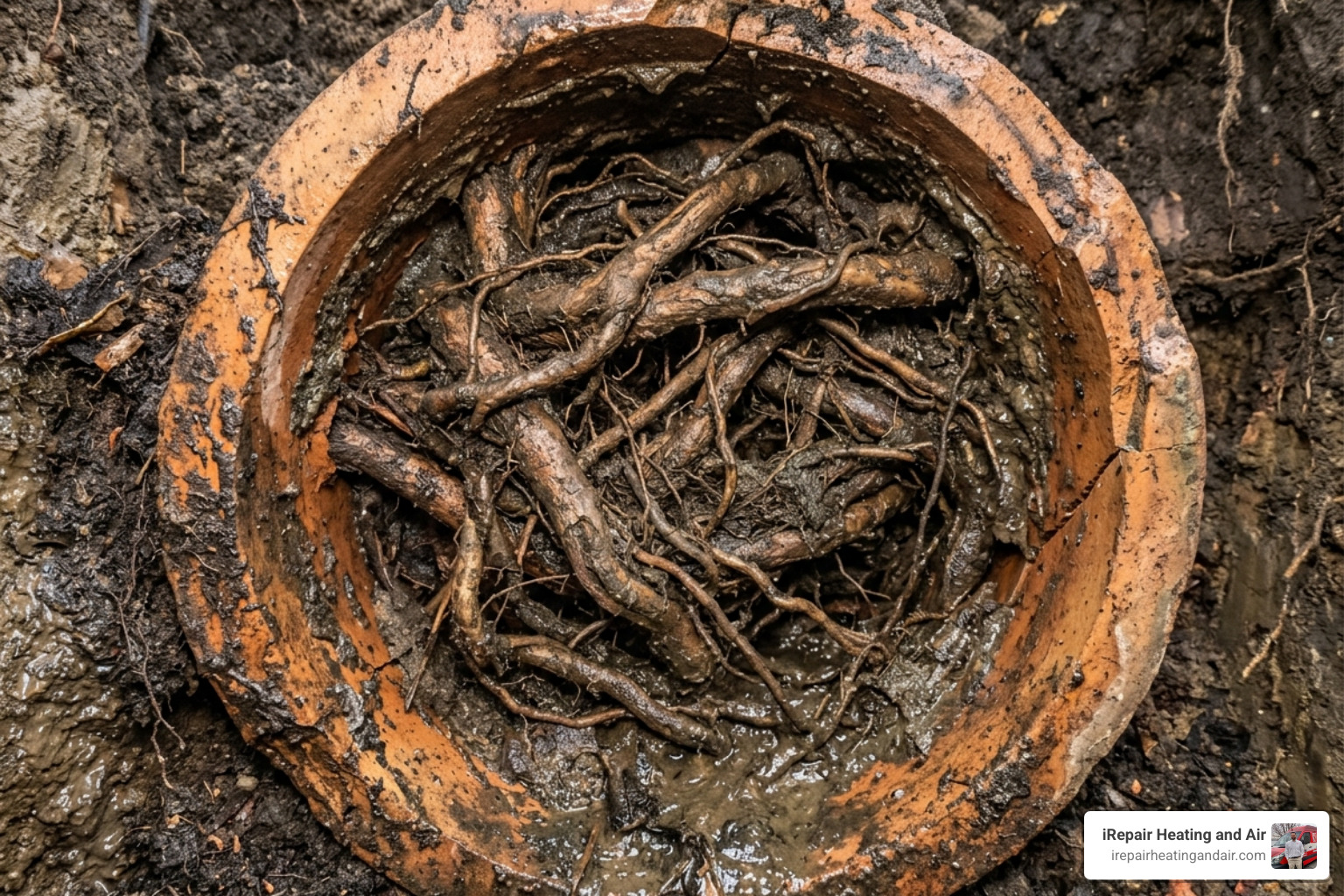 tree roots inside a clay pipe causing a total blockage - blocked drain line