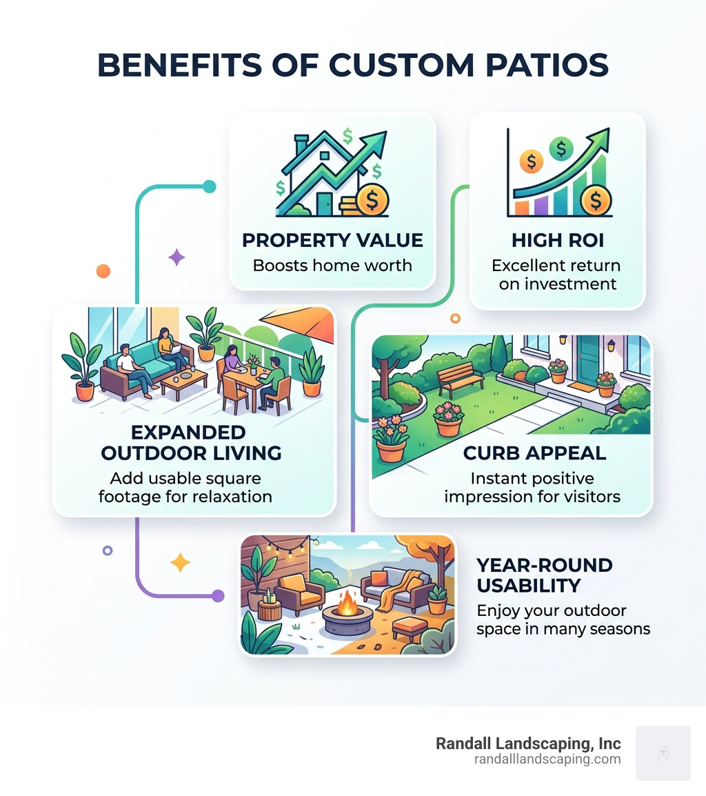 Benefits of custom patios: property value, ROI, outdoor living space, curb appeal, and year-round usability - patio