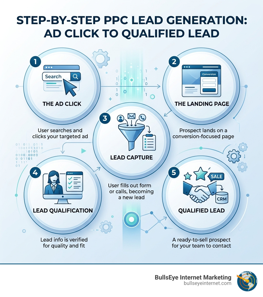 Step-by-step PPC lead generation process from ad click to qualified lead - PPC for lead generation infographic 