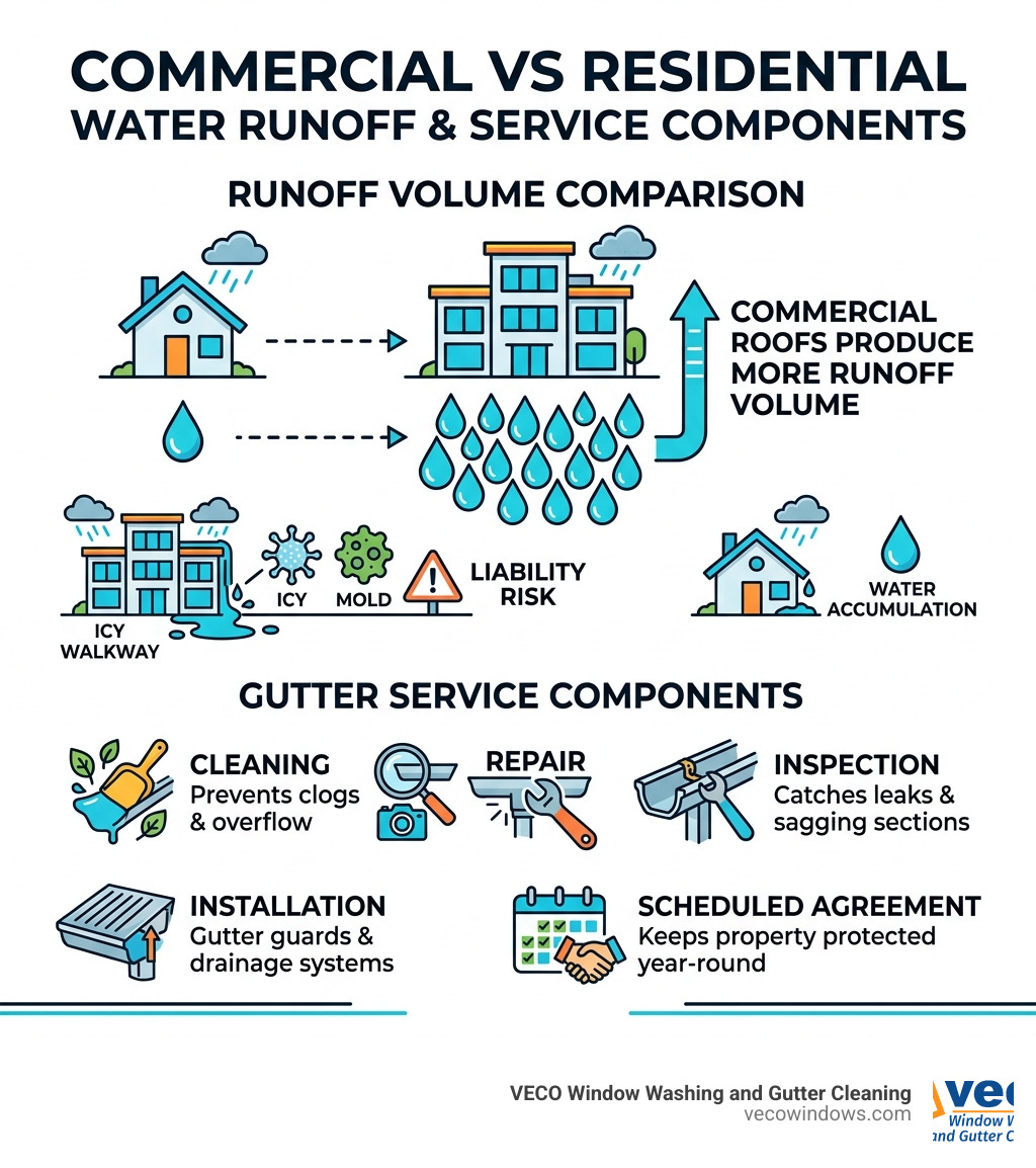 Commercial vs residential water runoff volume and gutter service components infographic - commercial gutter service