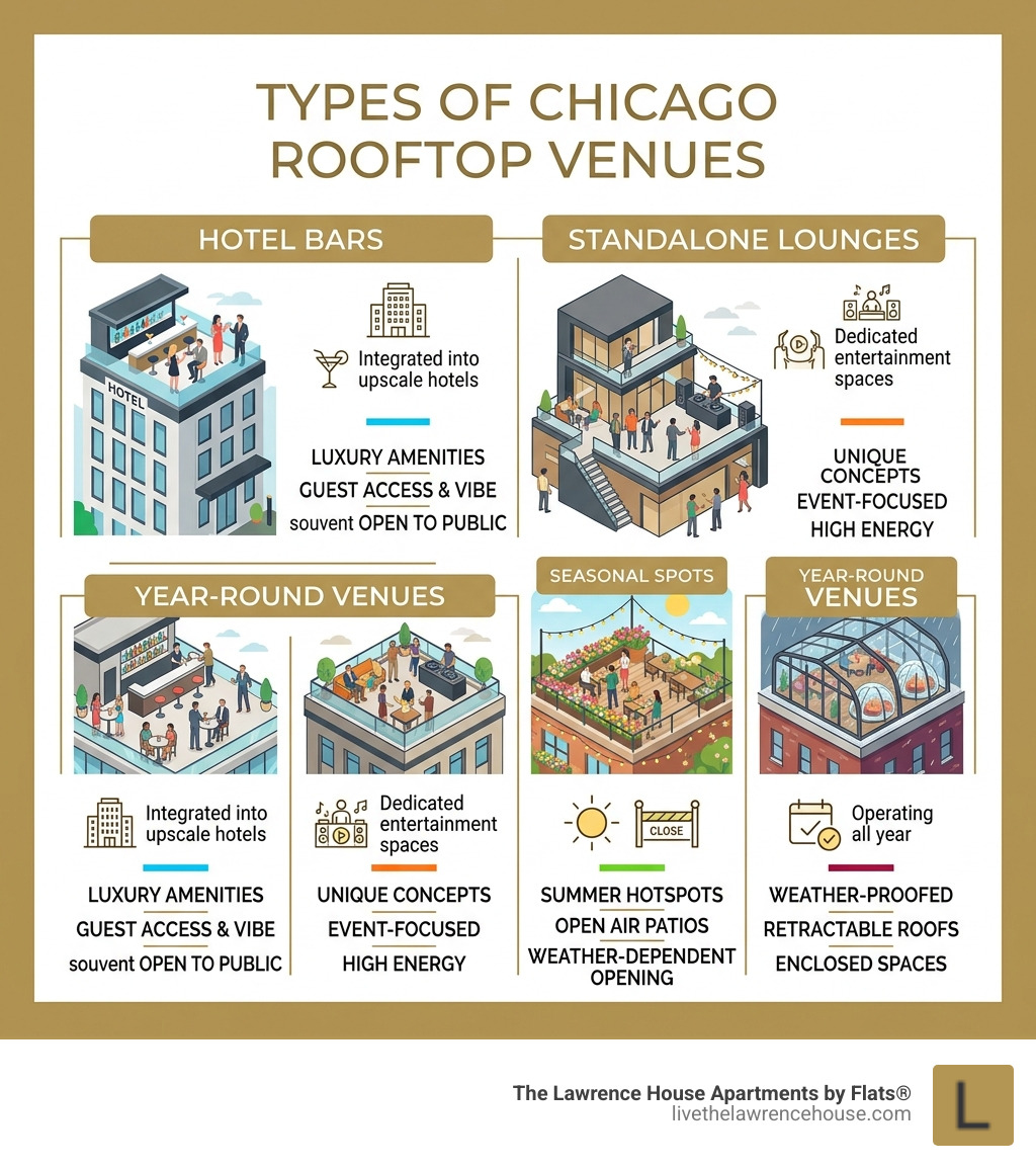 Types of rooftop venues in Chicago: premier bars, standalone lounges, seasonal spots, year-round venues - rooftop lounge