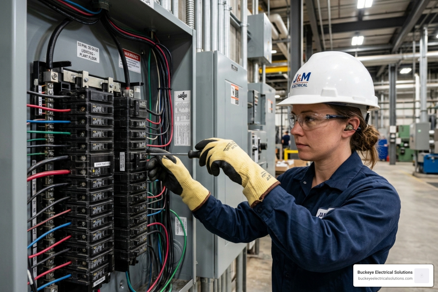 professional electrician inspecting a commercial breaker panel with precision - electrical contractors list