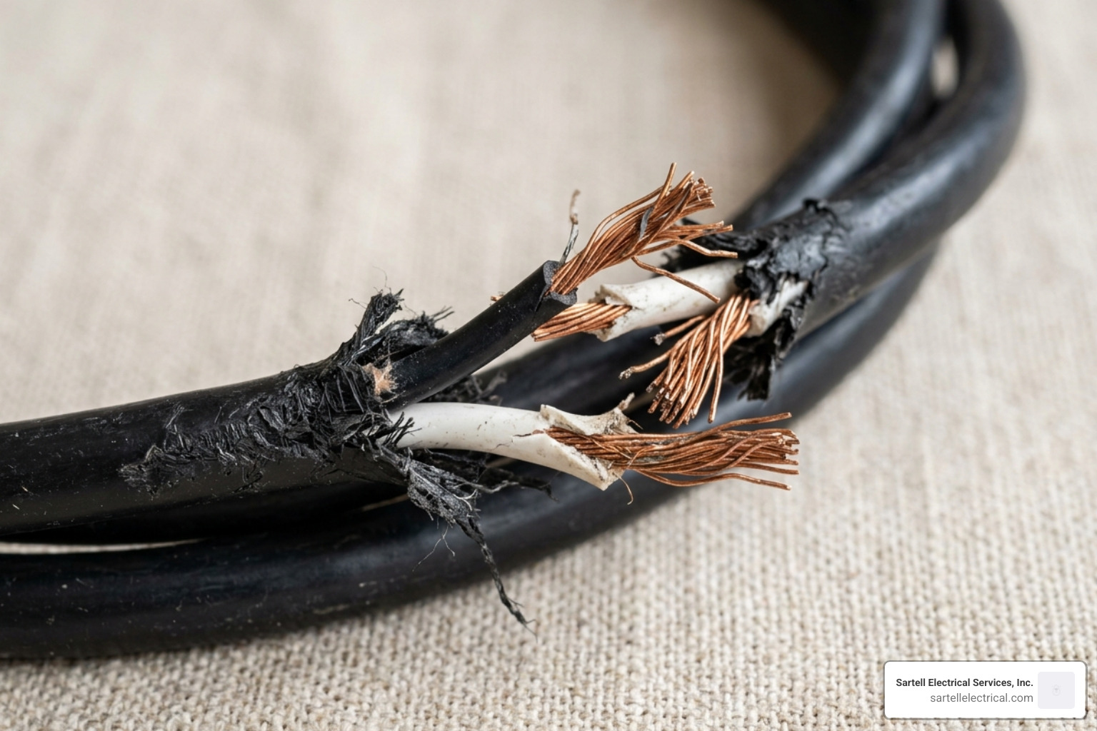 frayed power cord showing exposed copper wires - Circuit breaker tripping