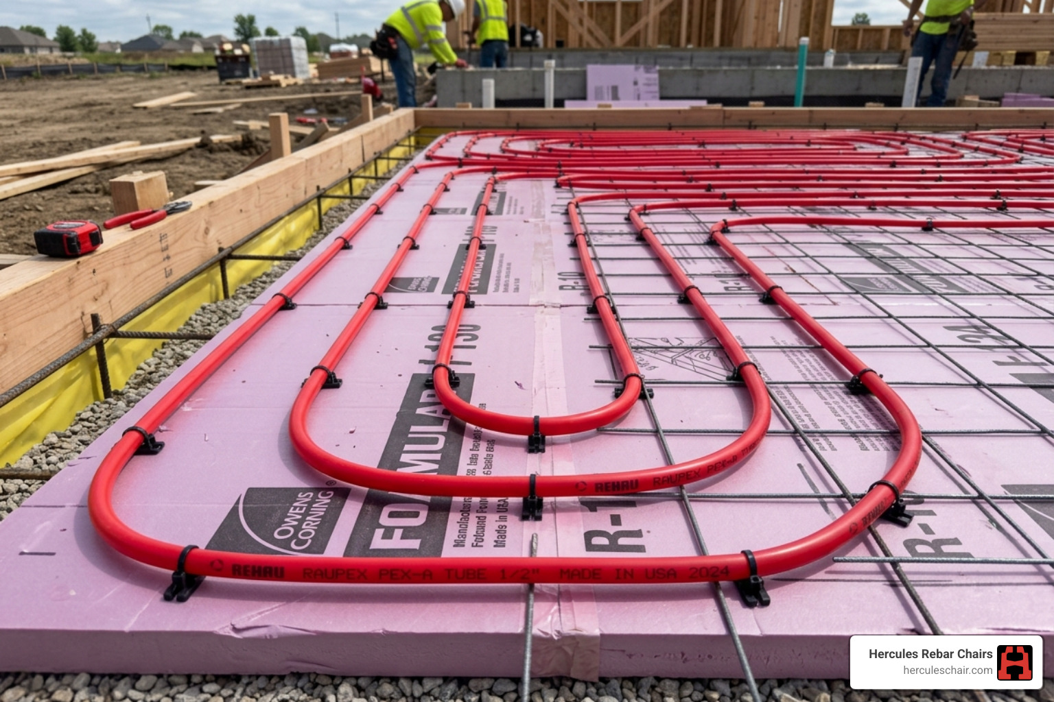 Radiant floor heating pipes installed over insulation before a concrete pour - slab on grade Radiant floor heating pipes installed over insulation before a concrete pour - slab on grade