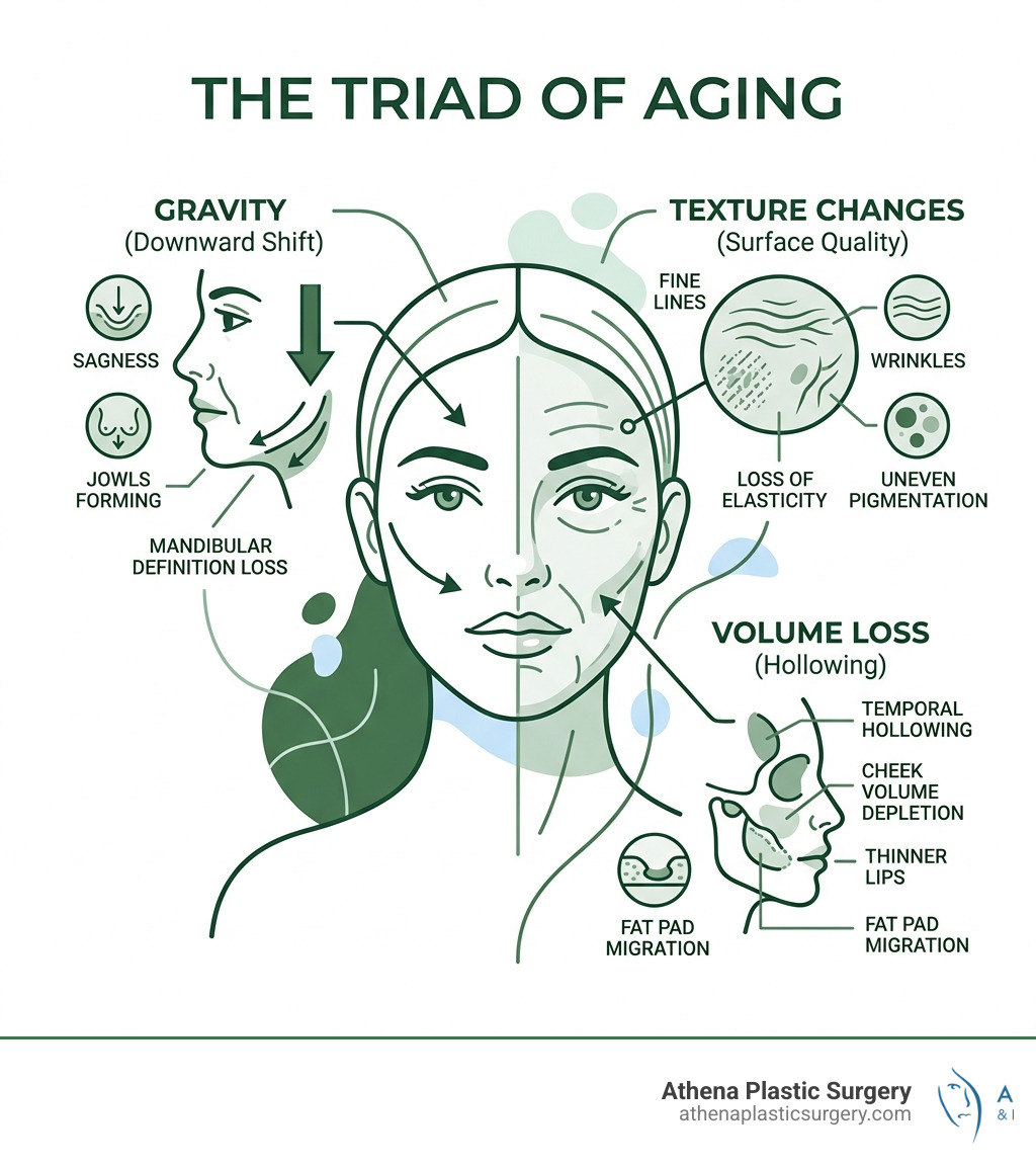 Infographic: The triad of aging — gravity, texture changes, and volume loss explained - deep plane facelift west palm beach