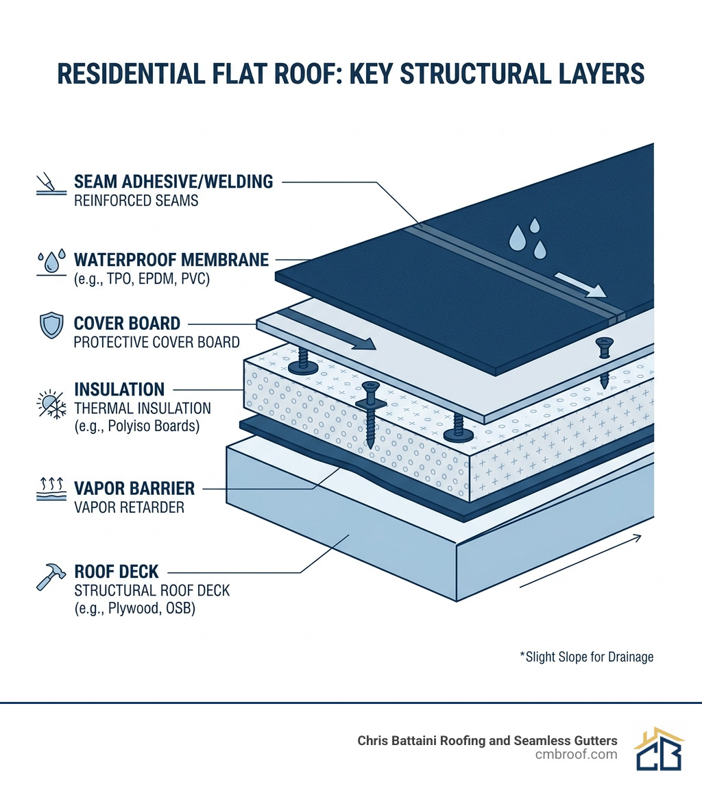Infographic showing structural layers of a residential flat roof system from deck to membrane - Flat Roofing (Residential)