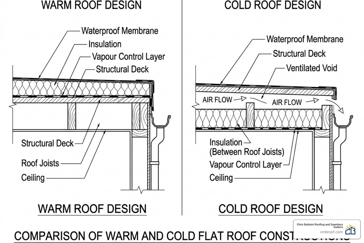 Diagram showing warm roof insulation above the deck vs cold roof insulation between joists - Flat Roofing (Residential)