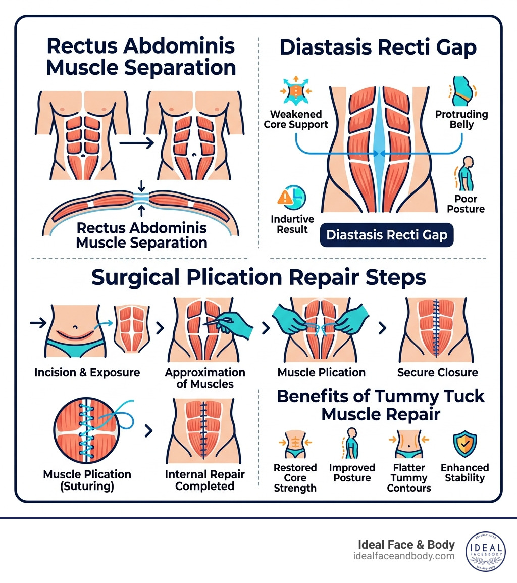 Infographic showing rectus abdominis muscle separation, diastasis recti gap, and surgical plication repair steps - Tummy Infographic showing rectus abdominis muscle separation, diastasis recti gap, and surgical plication repair steps - Tummy