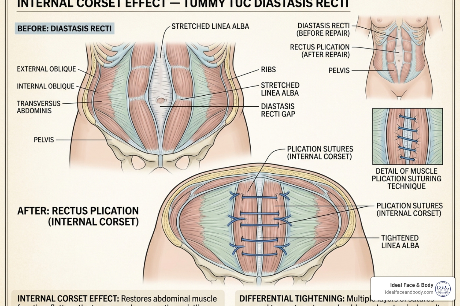 Illustration of the internal corset effect showing sutures tightening the abdominal wall - Tummy tuck muscle repair Illustration of the internal corset effect showing sutures tightening the abdominal wall - Tummy tuck muscle repair