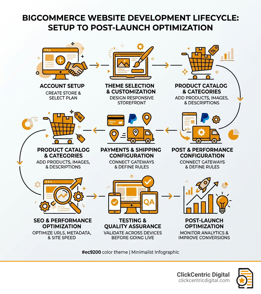 BigCommerce development lifecycle infographic from setup to post-launch optimization - bigcommerce website development BigCommerce development lifecycle infographic from setup to post-launch optimization - bigcommerce website development
