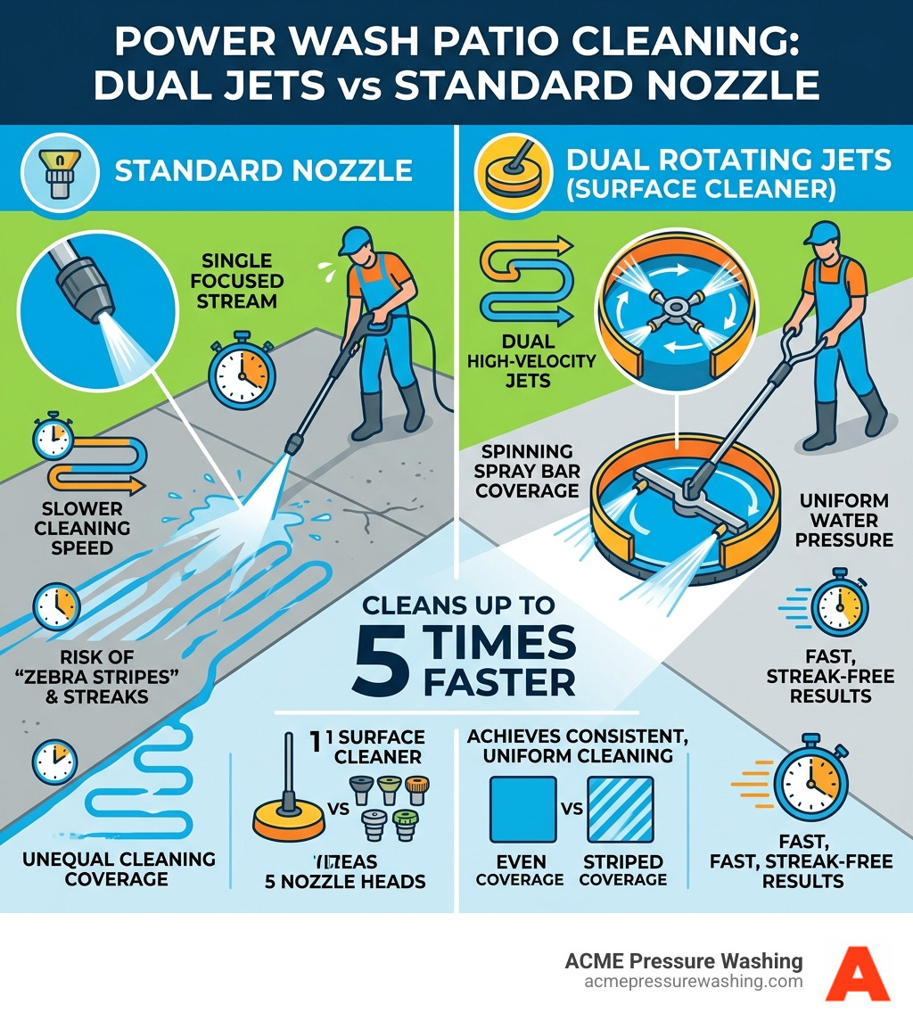 Infographic showing how dual rotating jets in a surface cleaner attachment work vs a standard nozzle - power wash patio Infographic showing how dual rotating jets in a surface cleaner attachment work vs a standard nozzle - power wash patio