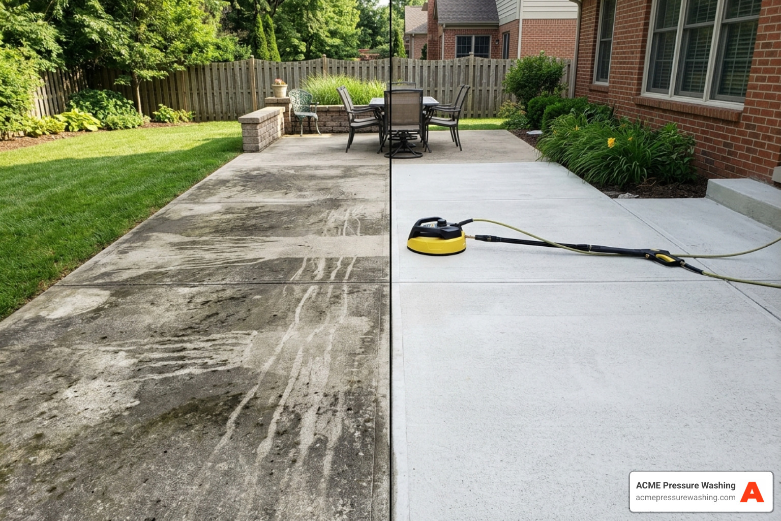 Comparison of a patio cleaned with a standard nozzle showing streaks versus a surface cleaner showing uniform results Comparison of a patio cleaned with a standard nozzle showing streaks versus a surface cleaner showing uniform results