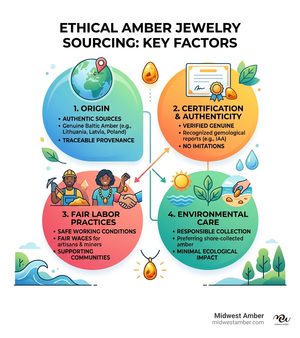 Infographic showing key ethical sourcing factors for amber jewelry: origin, certification, labor, environment - amber Infographic showing key ethical sourcing factors for amber jewelry: origin, certification, labor, environment - amber
