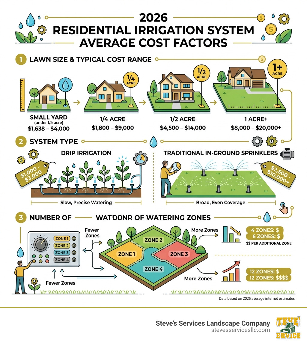 Infographic showing average residential irrigation system costs by lawn size, system type, and zone count - average cost for