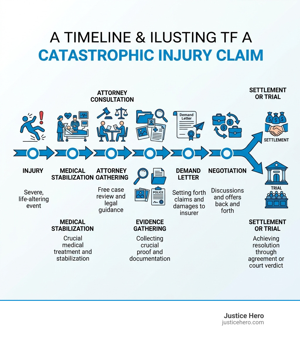 Catastrophic injury claim timeline: injury, medical stabilization, attorney consultation, evidence gathering, demand letter