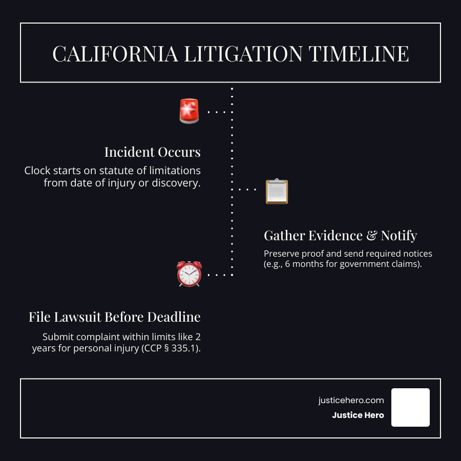 California litigation timeline from incident to filing, showing key deadlines and tolling events - Statute of limitations