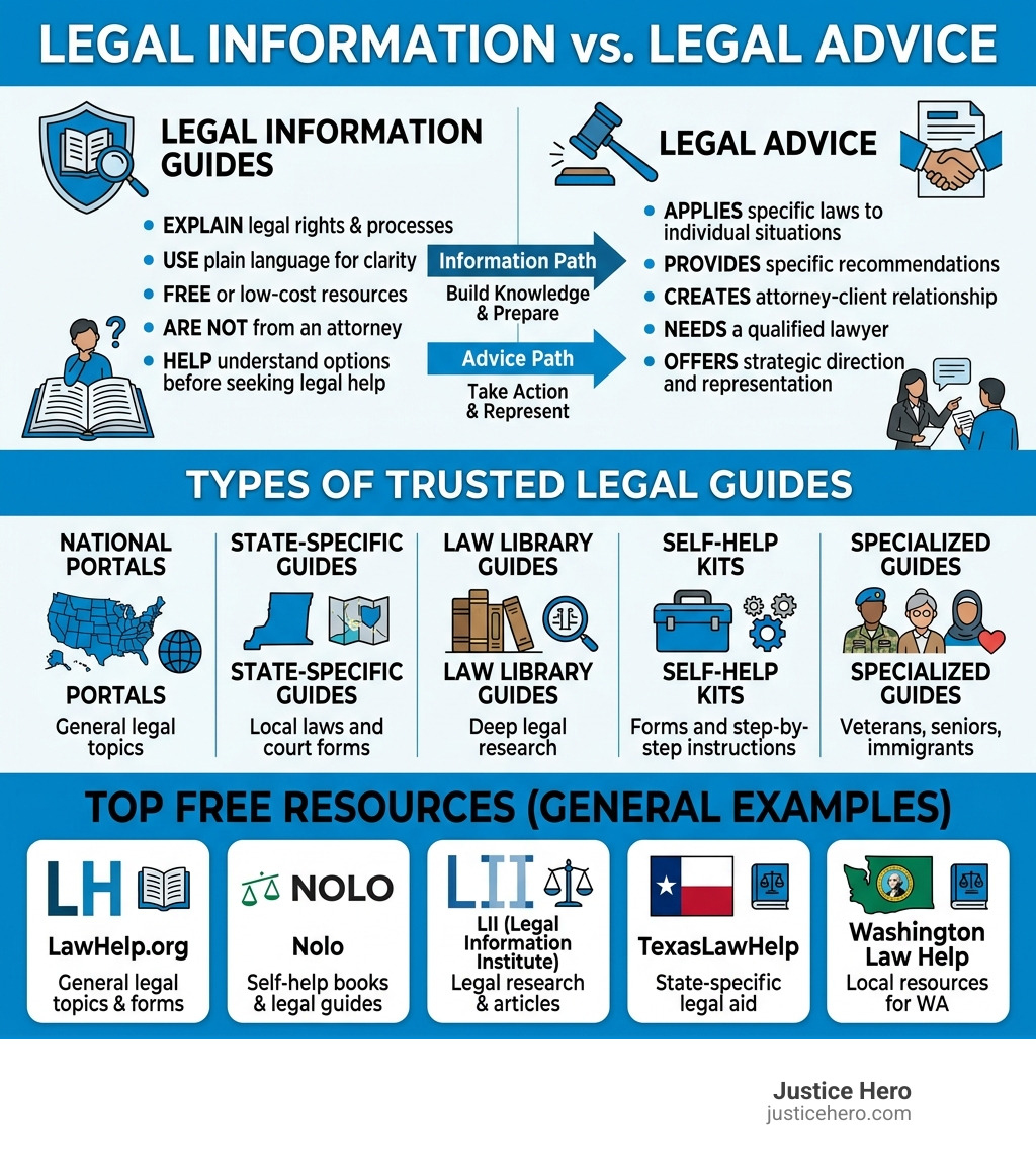 Infographic showing the difference between legal information guides and legal advice, types of guides, and top free