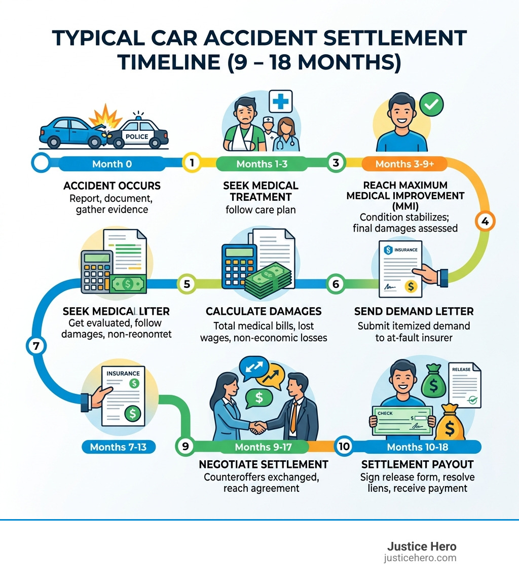 Infographic showing the 9-18 month car accident settlement timeline from accident to payout - car accident settlement
