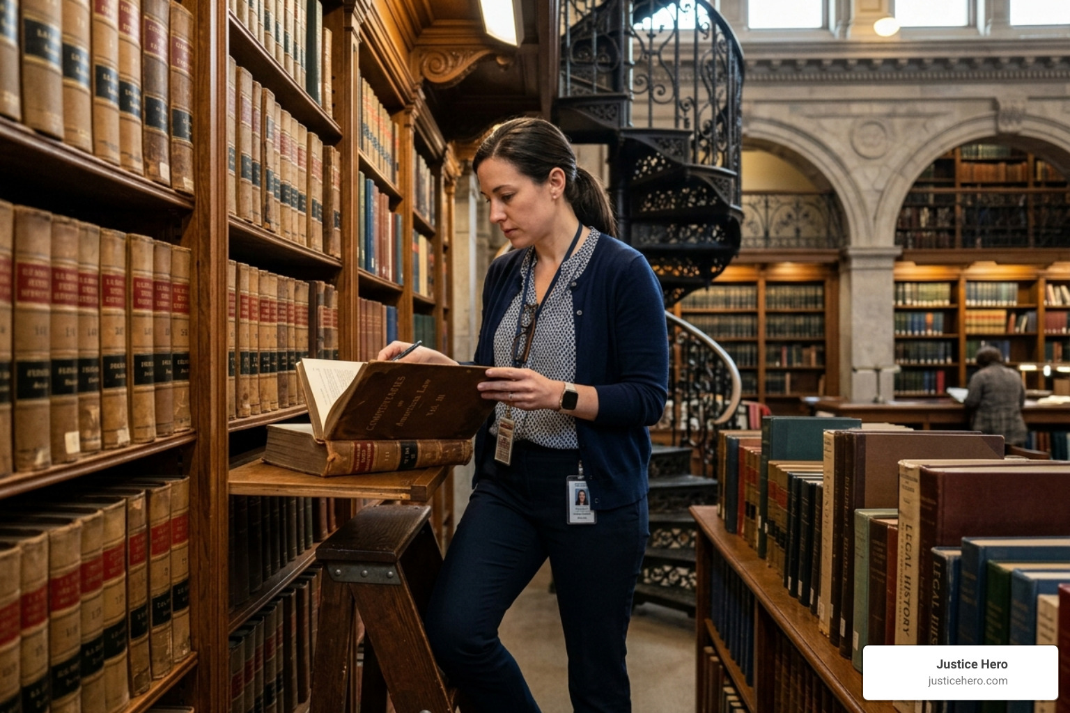A researcher looking through historical legal volumes in the Law Library of Congress - legal information guides