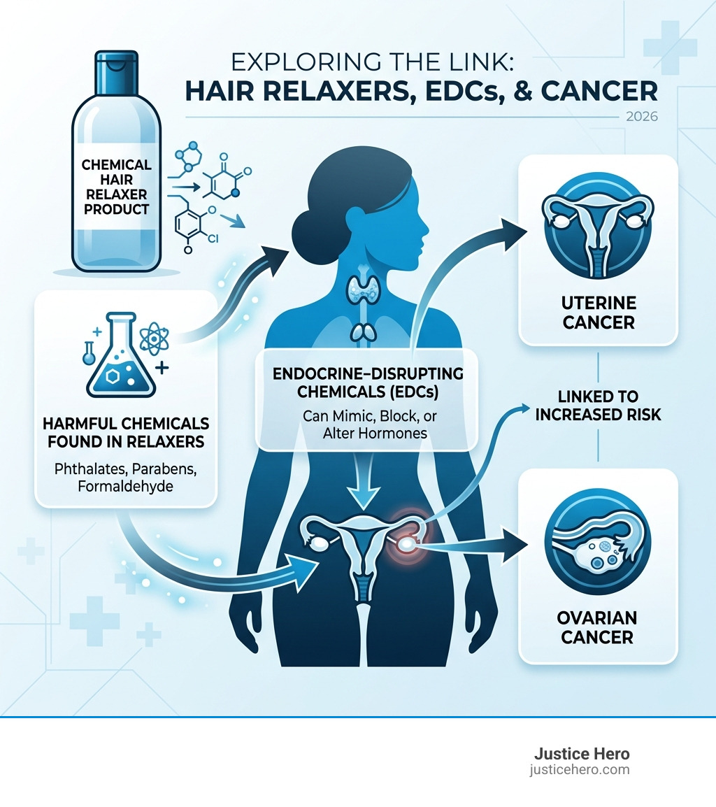 Infographic showing the link between hair relaxers, endocrine-disrupting chemicals, and hormone-sensitive cancers like