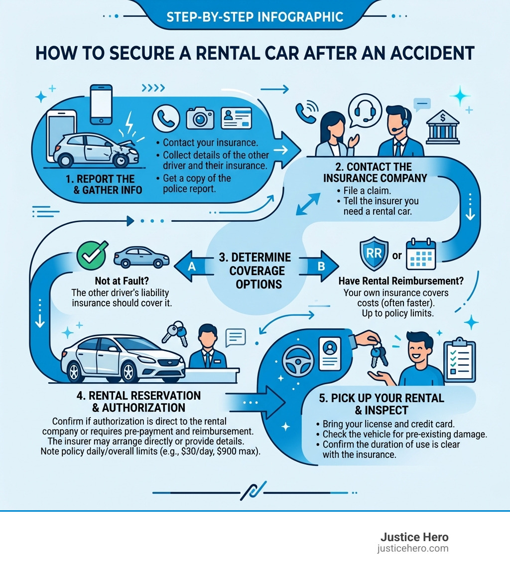 Step-by-step infographic: how to secure a rental car after an accident through insurance - Rental car after accident Step-by-step infographic: how to secure a rental car after an accident through insurance - Rental car after accident
