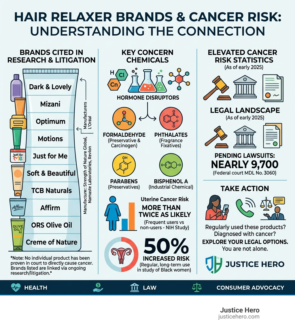Infographic showing hair relaxer brands linked to cancer risk, key chemicals, and risk statistics - which hair relaxers