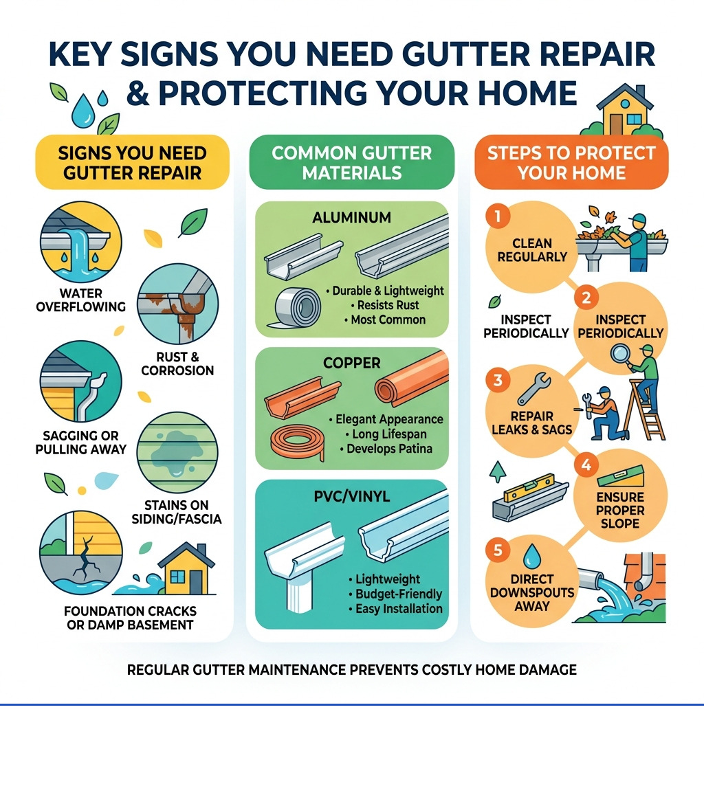Infographic showing key signs you need gutter repair, common materials, and steps to protect your home - professional gutter Infographic showing key signs you need gutter repair, common materials, and steps to protect your home - professional gutter