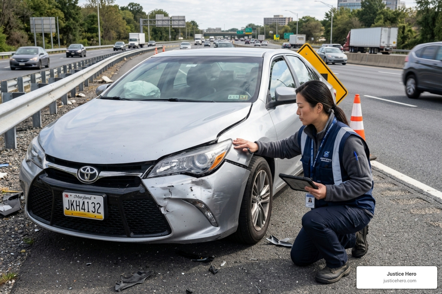 insurance adjuster inspecting a car after an accident - Rental car after accident insurance adjuster inspecting a car after an accident - Rental car after accident