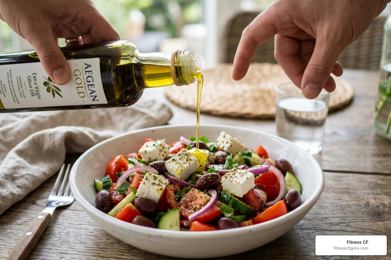 Extra virgin olive oil being poured over a fresh Greek salad with feta and olives - Mediterranean diet guide Extra virgin olive oil being poured over a fresh Greek salad with feta and olives - Mediterranean diet guide