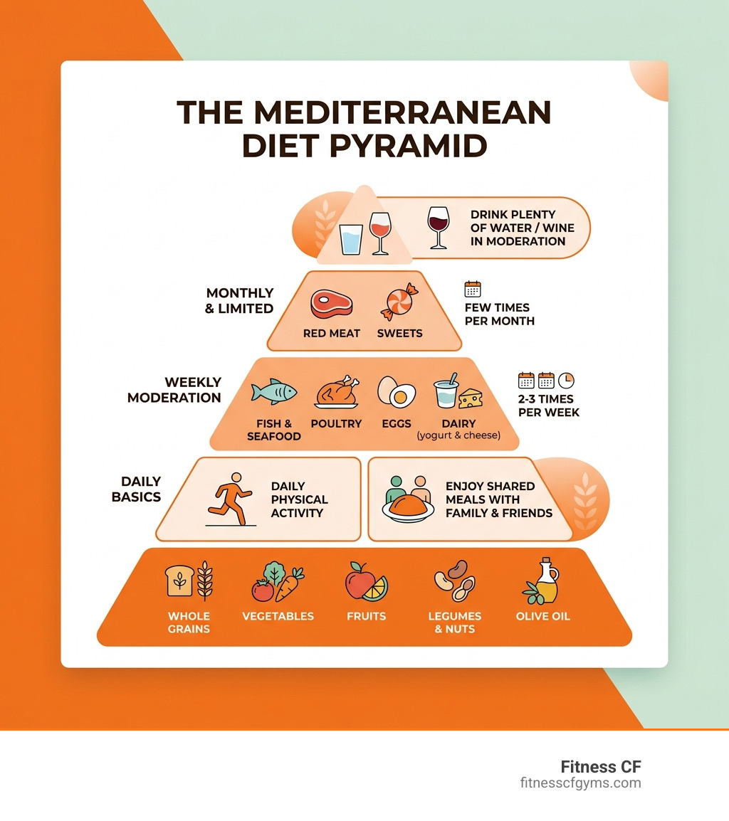 Mediterranean Diet Pyramid layers infographic showing daily, weekly, and monthly food groups - Mediterranean diet guide Mediterranean Diet Pyramid layers infographic showing daily, weekly, and monthly food groups - Mediterranean diet guide