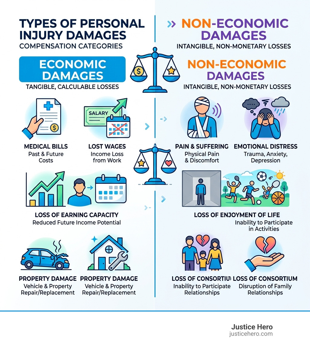 Infographic showing types of personal injury damages including economic damages like medical bills and lost wages versus Infographic showing types of personal injury damages including economic damages like medical bills and lost wages versus