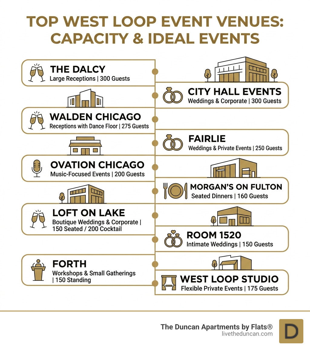 Infographic showing top West Loop event venues by capacity and event type - West Loop event venues infographic 
