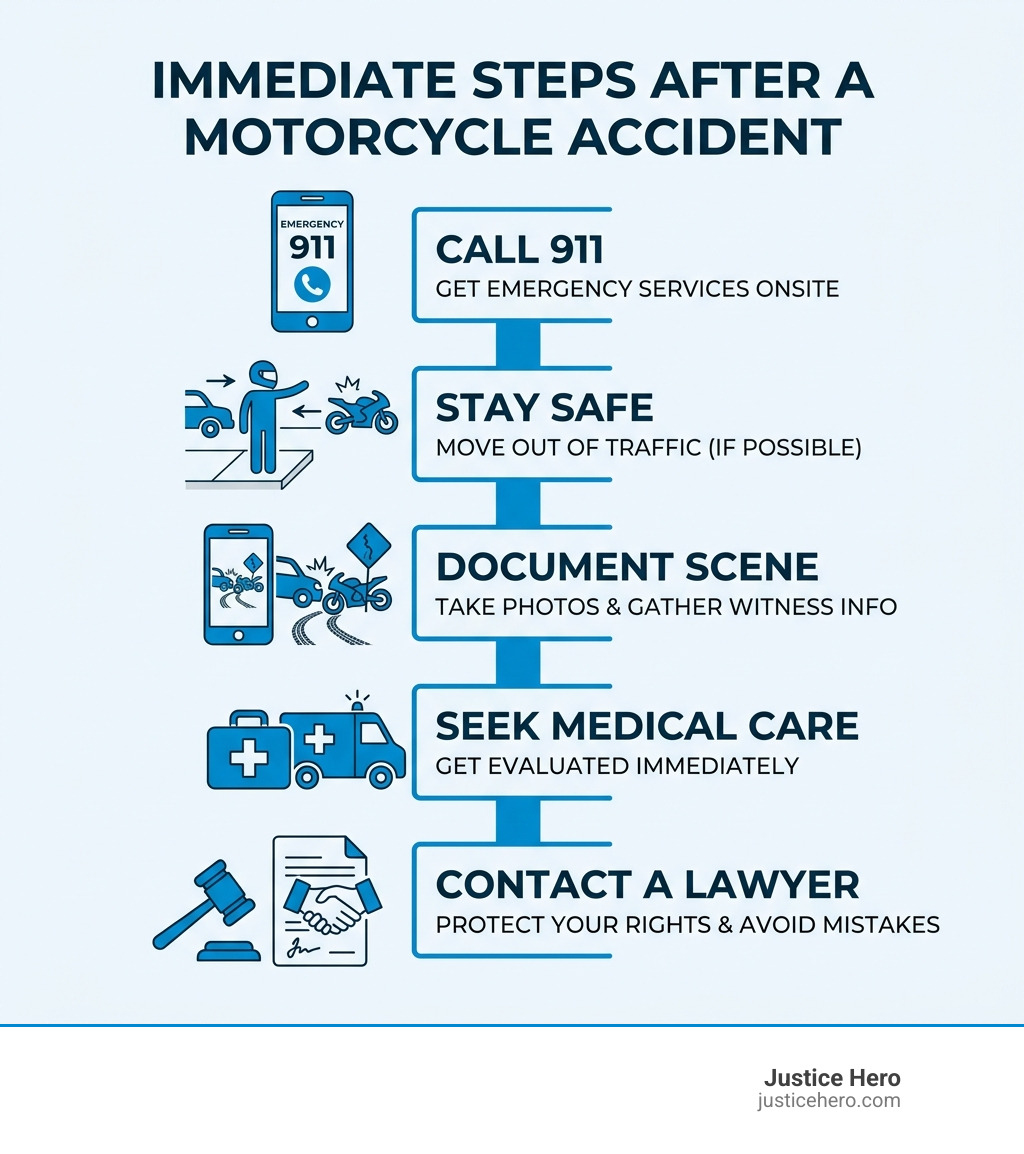 Infographic showing immediate steps after a motorcycle accident: call 911, stay safe, document scene, seek medical care
